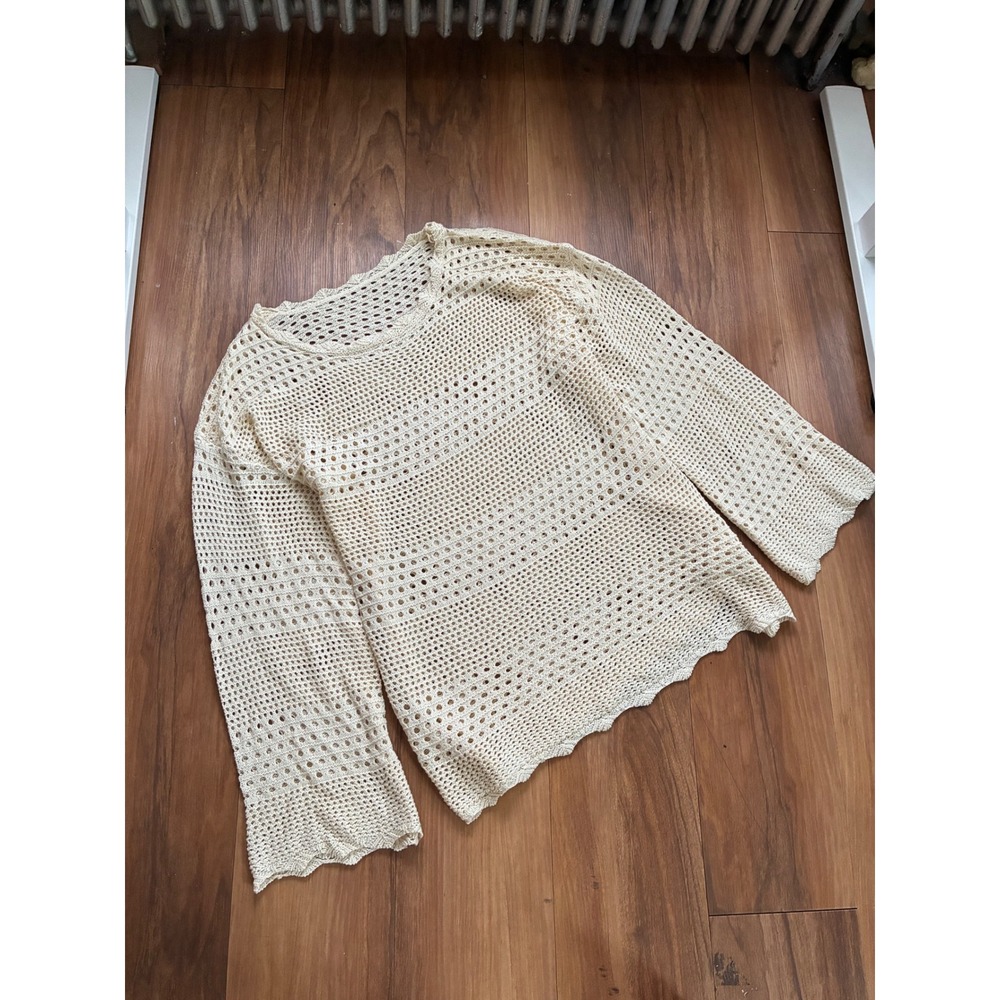 Cream Open Knit Crochet Sweater Boho Festival Cottagecore Bell Sleeve Neutral L